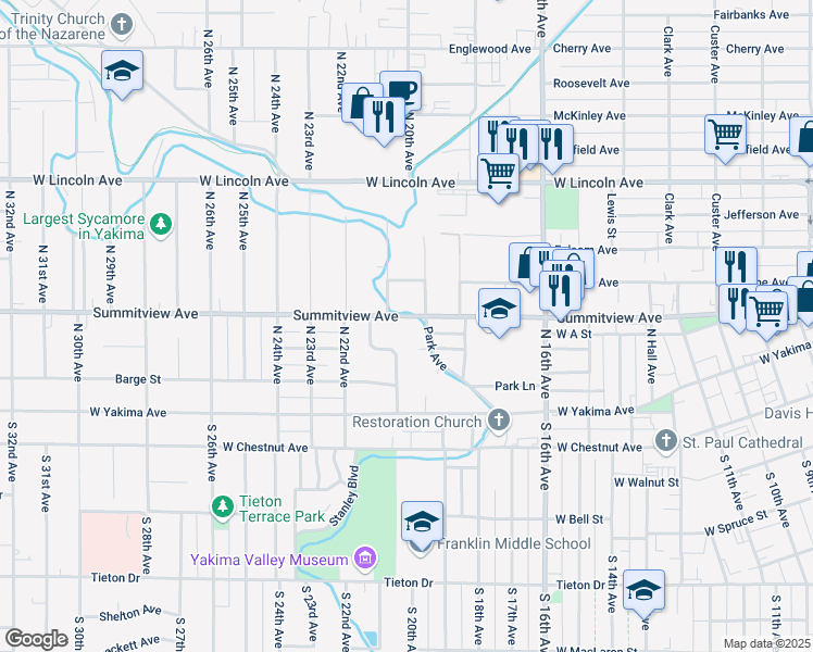 map of restaurants, bars, coffee shops, grocery stores, and more near 114-116 Park Avenue in Yakima