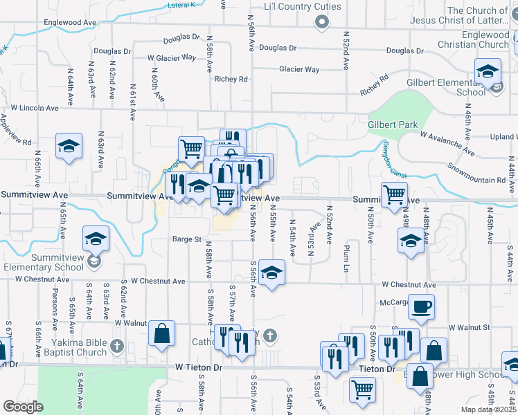 map of restaurants, bars, coffee shops, grocery stores, and more near 5606 Summitview Avenue in Yakima