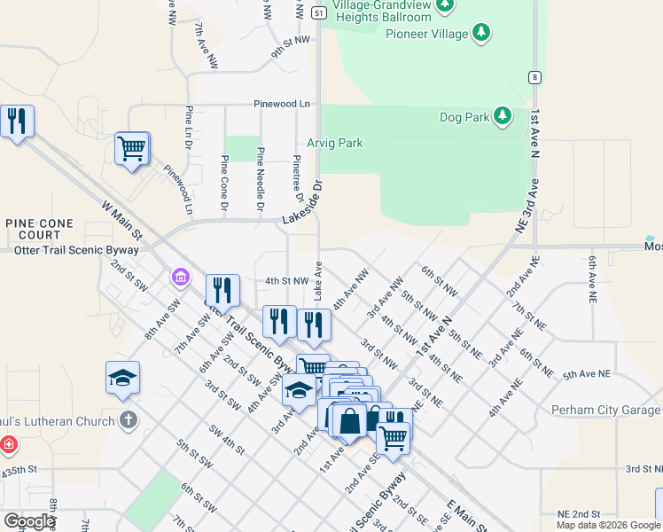 map of restaurants, bars, coffee shops, grocery stores, and more near 355 4th Avenue Southwest in Perham