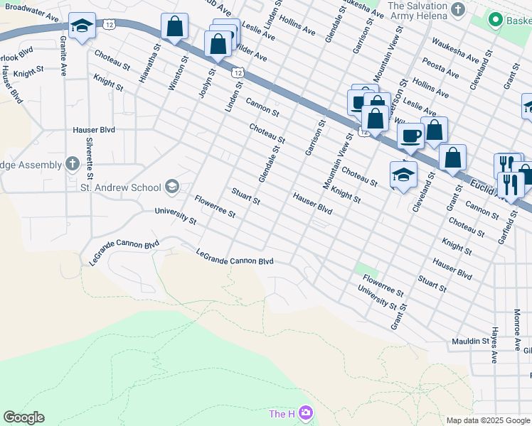 map of restaurants, bars, coffee shops, grocery stores, and more near Garrison St in Helena