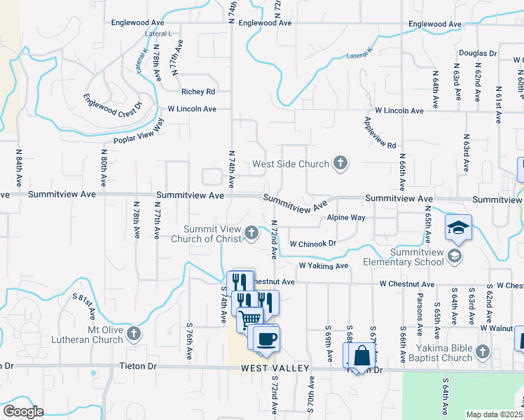 map of restaurants, bars, coffee shops, grocery stores, and more near 116 North 72nd Avenue in Yakima