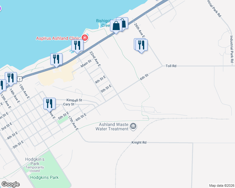 map of restaurants, bars, coffee shops, grocery stores, and more near 2201 6th Street East in Ashland