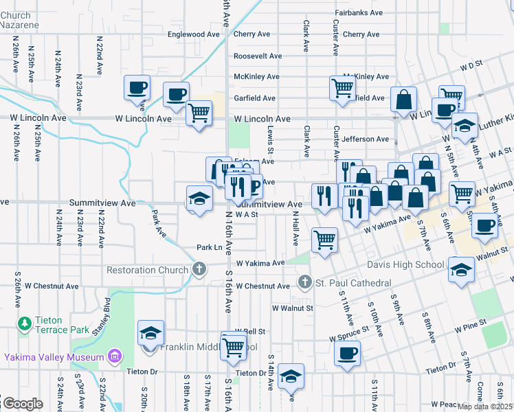 map of restaurants, bars, coffee shops, grocery stores, and more near 26 Chicago Avenue in Yakima