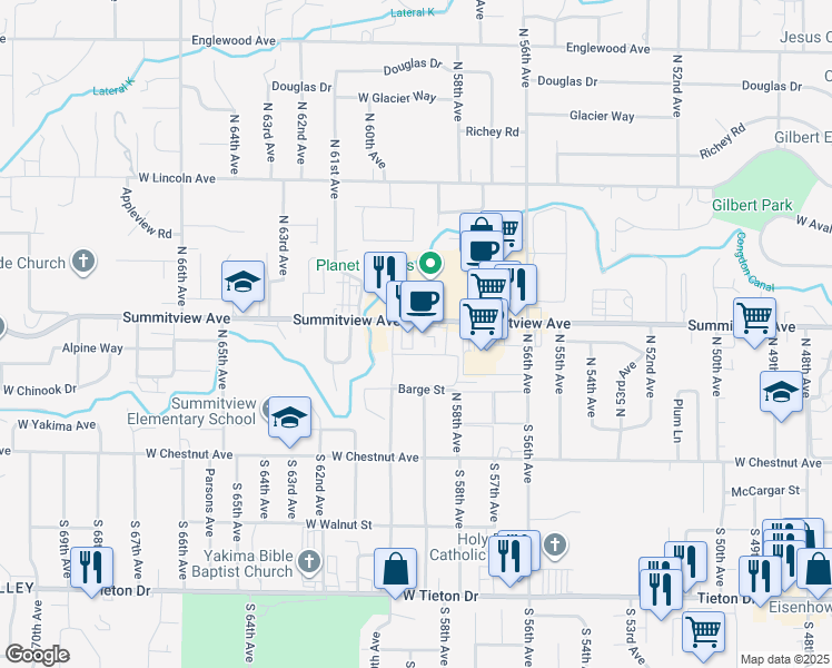 map of restaurants, bars, coffee shops, grocery stores, and more near 101-147 N 60th Ave in Yakima