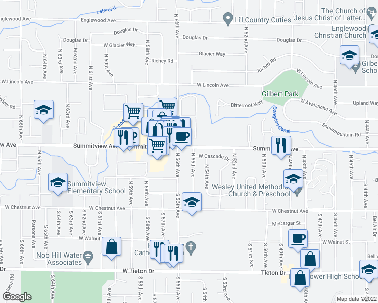 map of restaurants, bars, coffee shops, grocery stores, and more near 120 North 55th Avenue in Yakima