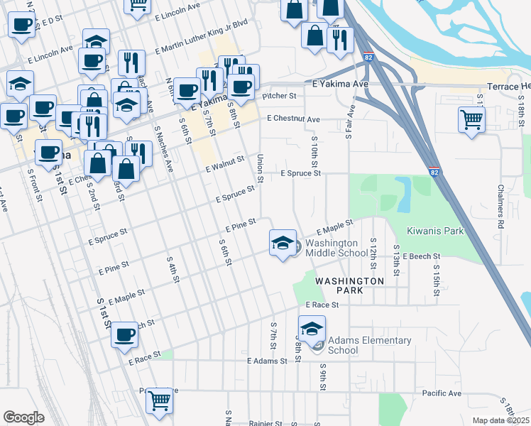 map of restaurants, bars, coffee shops, grocery stores, and more near 304 South Union Street in Yakima