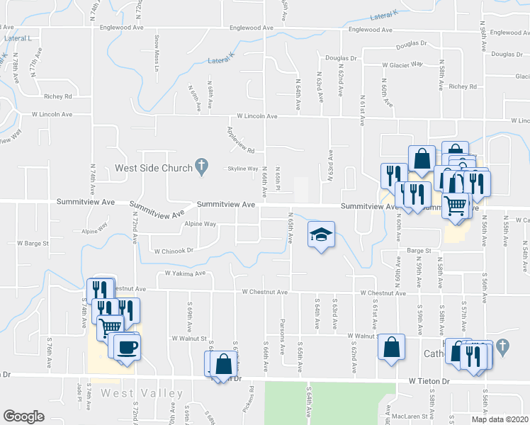 map of restaurants, bars, coffee shops, grocery stores, and more near 202 North 66th Avenue in Yakima