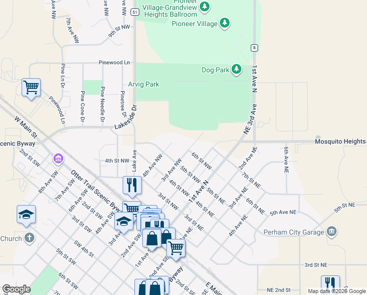 map of restaurants, bars, coffee shops, grocery stores, and more near 502 4th Avenue Northwest in Perham