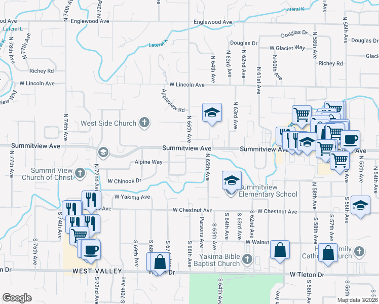 map of restaurants, bars, coffee shops, grocery stores, and more near 202 North 66th Avenue in Yakima