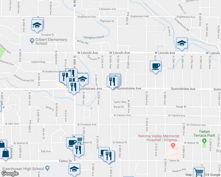 map of restaurants, bars, coffee shops, grocery stores, and more near 3600 Summitview Avenue in Yakima