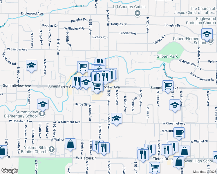 map of restaurants, bars, coffee shops, grocery stores, and more near 220 N 56th Ave in Yakima