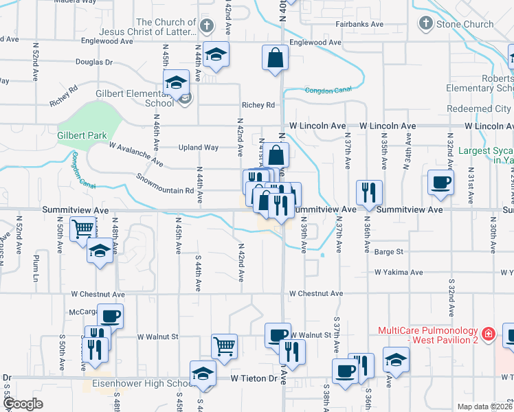 map of restaurants, bars, coffee shops, grocery stores, and more near 4198 Snowmountain Rd in Yakima