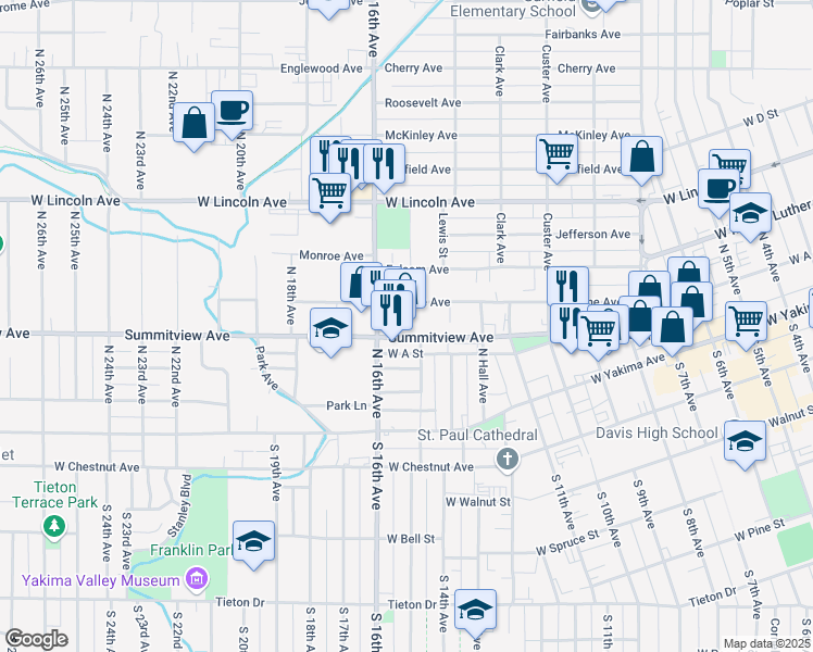map of restaurants, bars, coffee shops, grocery stores, and more near 1520 Browne Avenue in Yakima