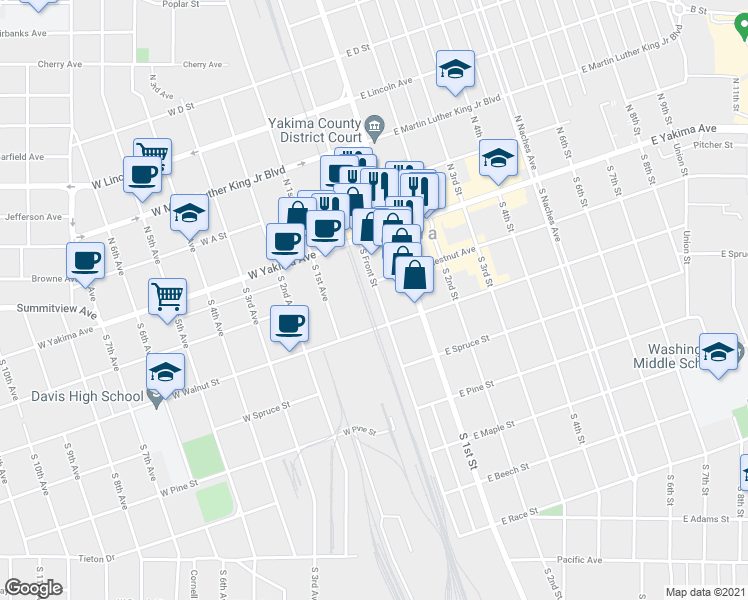 map of restaurants, bars, coffee shops, grocery stores, and more near 102 South Front Street in Yakima