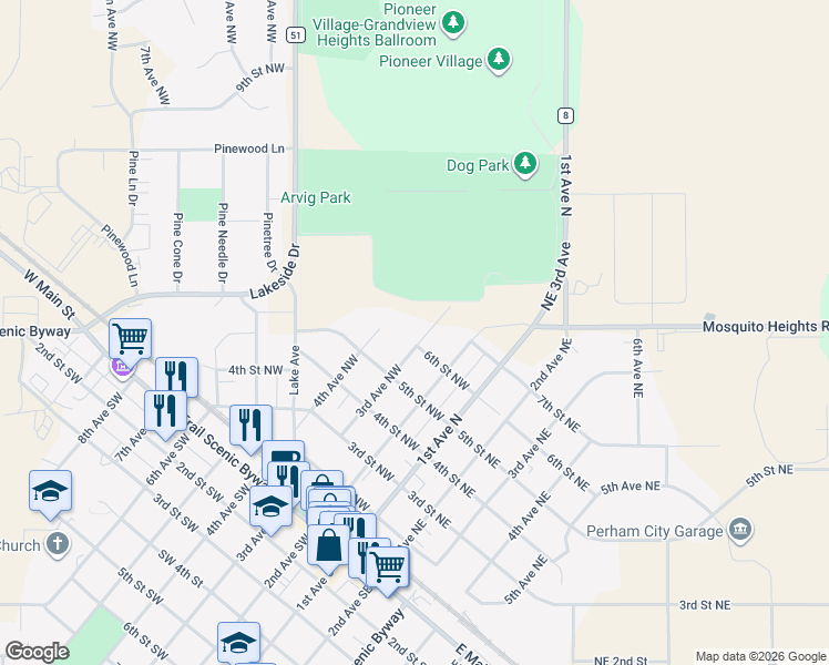 map of restaurants, bars, coffee shops, grocery stores, and more near 640 3rd Avenue Northeast in Perham