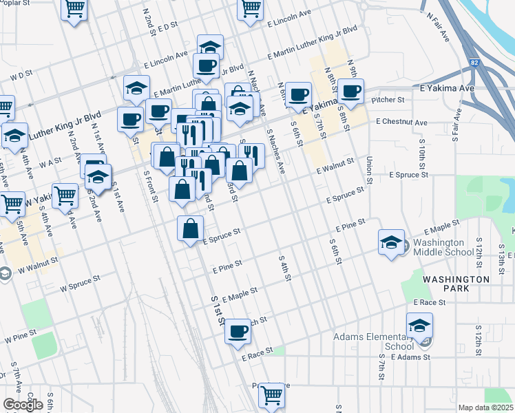 map of restaurants, bars, coffee shops, grocery stores, and more near 300-398 E Walnut St in Yakima