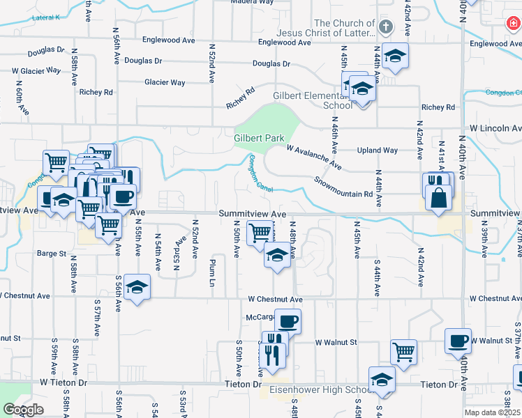 map of restaurants, bars, coffee shops, grocery stores, and more near 4904 Rancho Lane in Yakima