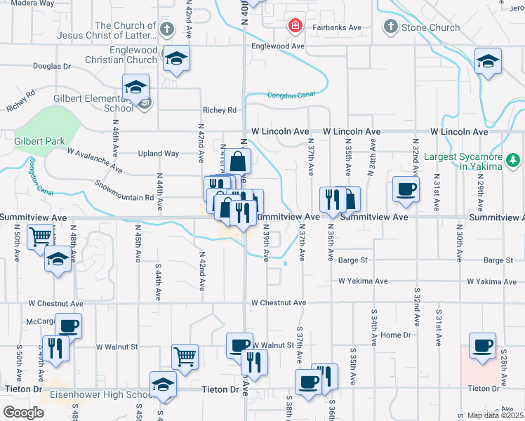 map of restaurants, bars, coffee shops, grocery stores, and more near 3900 Knobel Avenue in Yakima
