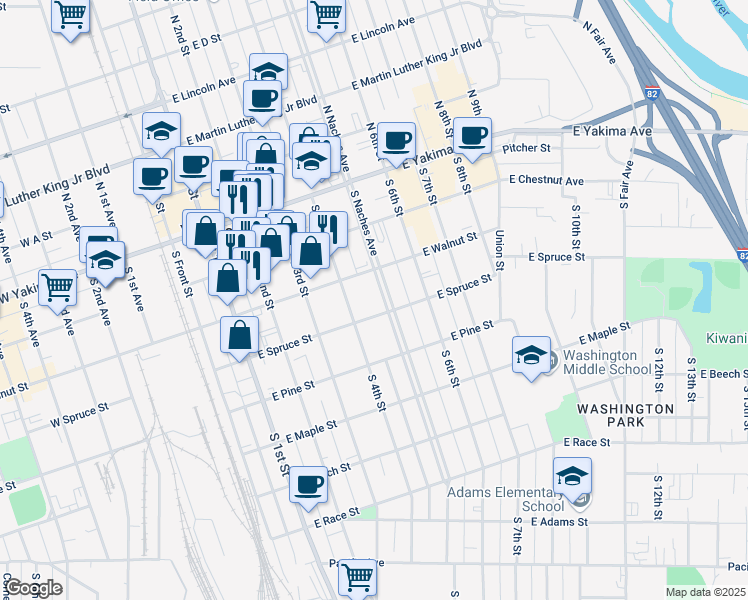 map of restaurants, bars, coffee shops, grocery stores, and more near in Yakima