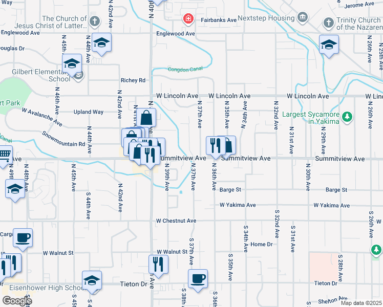 map of restaurants, bars, coffee shops, grocery stores, and more near 210 North 37th Avenue in Yakima