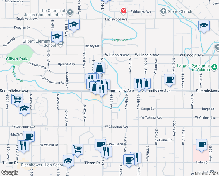 map of restaurants, bars, coffee shops, grocery stores, and more near 3900 Knobel Avenue in Yakima