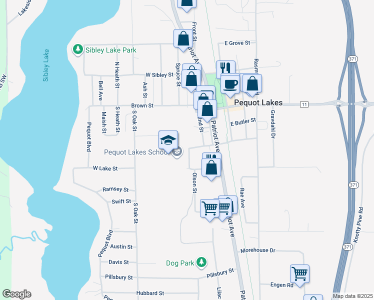map of restaurants, bars, coffee shops, grocery stores, and more near 30805 Olson Street in Pequot Lakes