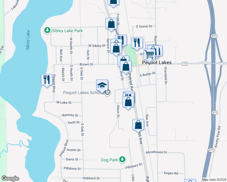 map of restaurants, bars, coffee shops, grocery stores, and more near 30737 Olson Street in Pequot Lakes