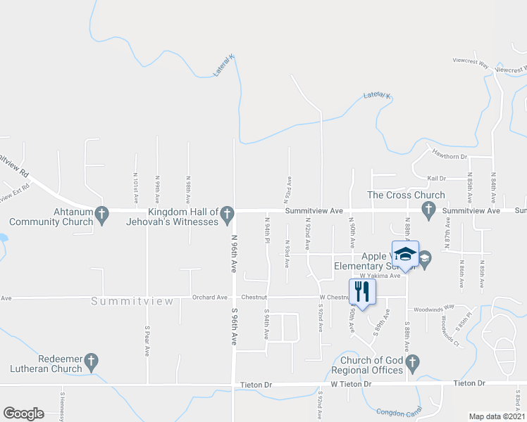 map of restaurants, bars, coffee shops, grocery stores, and more near 9400 Summitview Avenue in Yakima