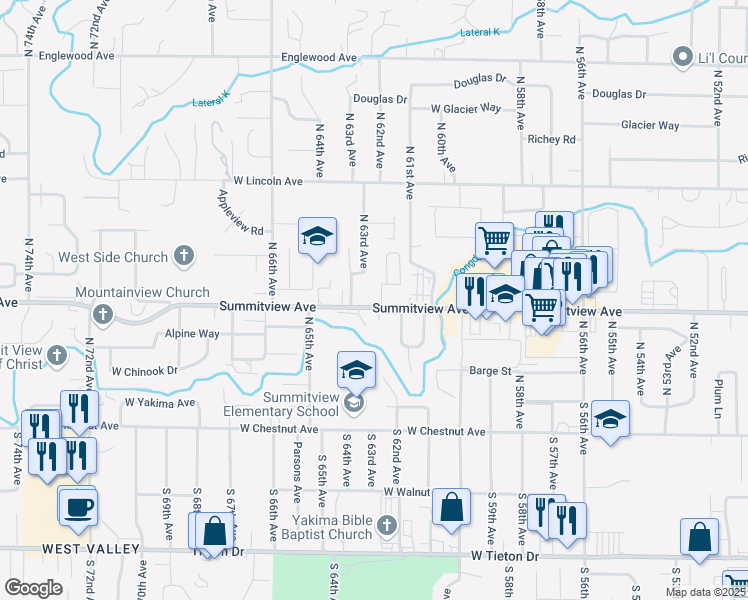 map of restaurants, bars, coffee shops, grocery stores, and more near 6201 Summitview Avenue in Yakima