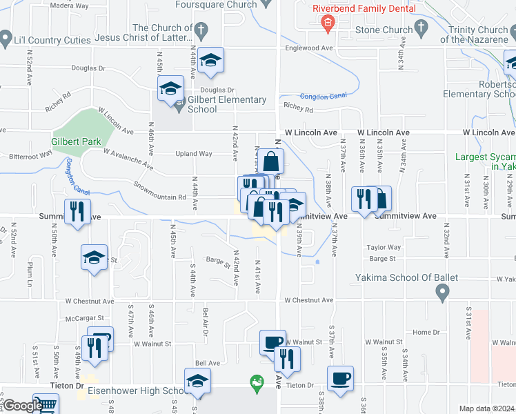 map of restaurants, bars, coffee shops, grocery stores, and more near Summitview Avenue in Yakima