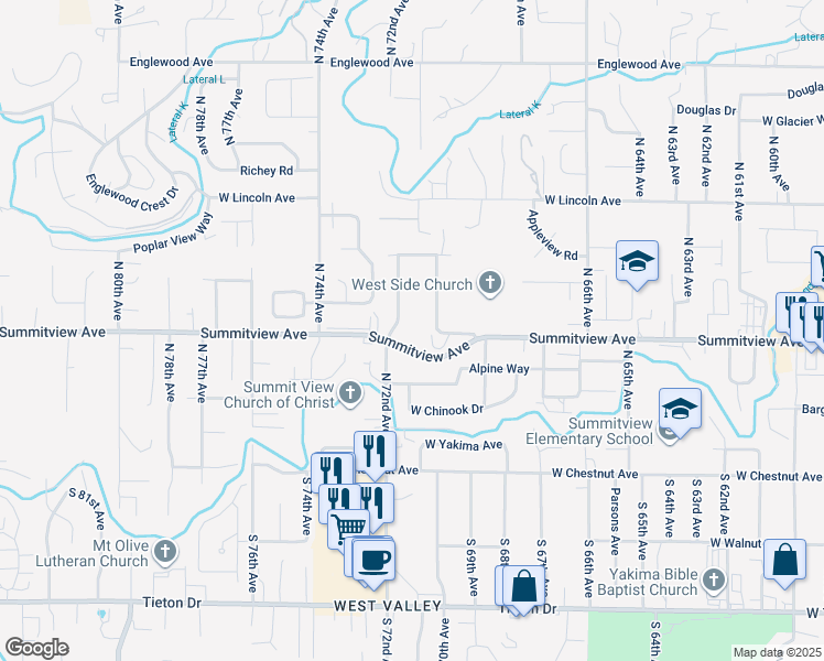 map of restaurants, bars, coffee shops, grocery stores, and more near 3 North 70th Avenue in Yakima
