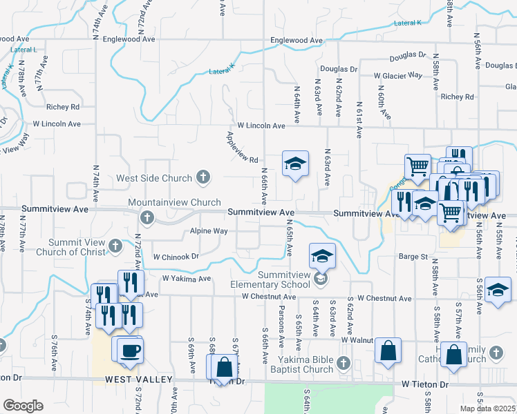 map of restaurants, bars, coffee shops, grocery stores, and more near 202 North 66th Avenue in Yakima