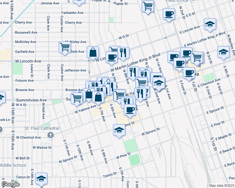 map of restaurants, bars, coffee shops, grocery stores, and more near 6 North 5th Avenue in Yakima