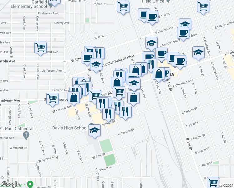 map of restaurants, bars, coffee shops, grocery stores, and more near 302 West Yakima Avenue in Yakima