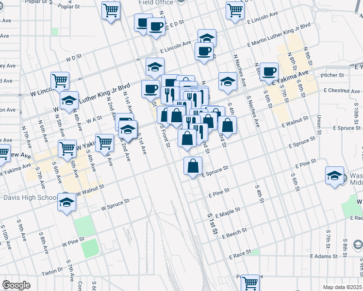 map of restaurants, bars, coffee shops, grocery stores, and more near 112 South 1st Street in Yakima