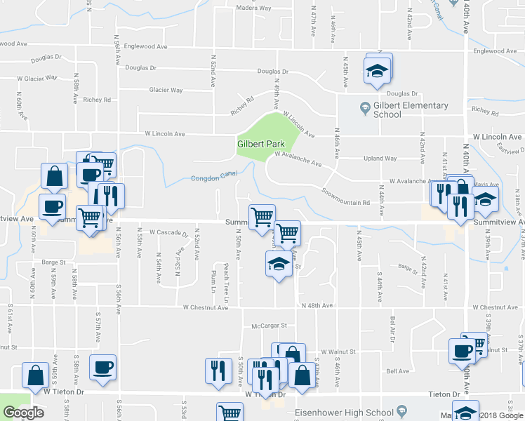 map of restaurants, bars, coffee shops, grocery stores, and more near 4904 Rancho Lane in Yakima