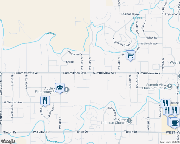 map of restaurants, bars, coffee shops, grocery stores, and more near 8311 Summitview Avenue in Yakima