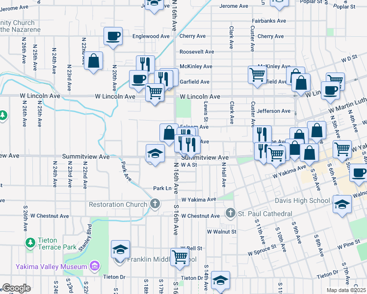 map of restaurants, bars, coffee shops, grocery stores, and more near 1520 Browne Avenue in Yakima