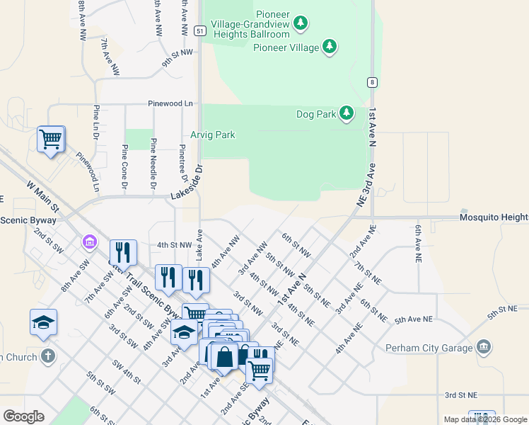 map of restaurants, bars, coffee shops, grocery stores, and more near 502 4th Avenue Northwest in Perham