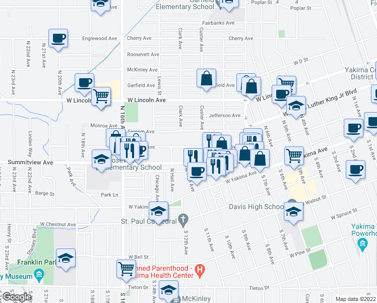 map of restaurants, bars, coffee shops, grocery stores, and more near 1314 Browne Avenue in Yakima
