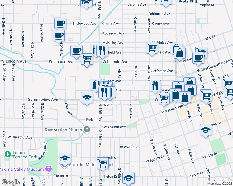 map of restaurants, bars, coffee shops, grocery stores, and more near 1506 Browne Avenue in Yakima