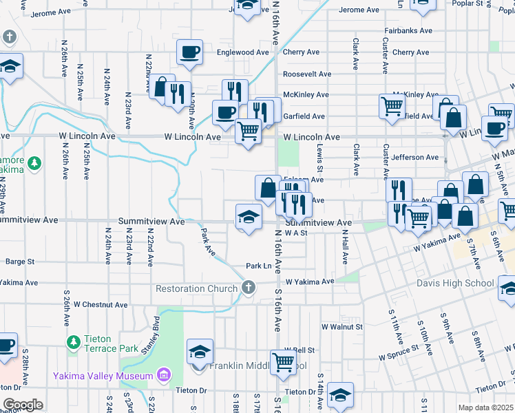 map of restaurants, bars, coffee shops, grocery stores, and more near in Yakima