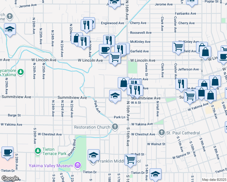 map of restaurants, bars, coffee shops, grocery stores, and more near 1704 Browne Ave in Yakima