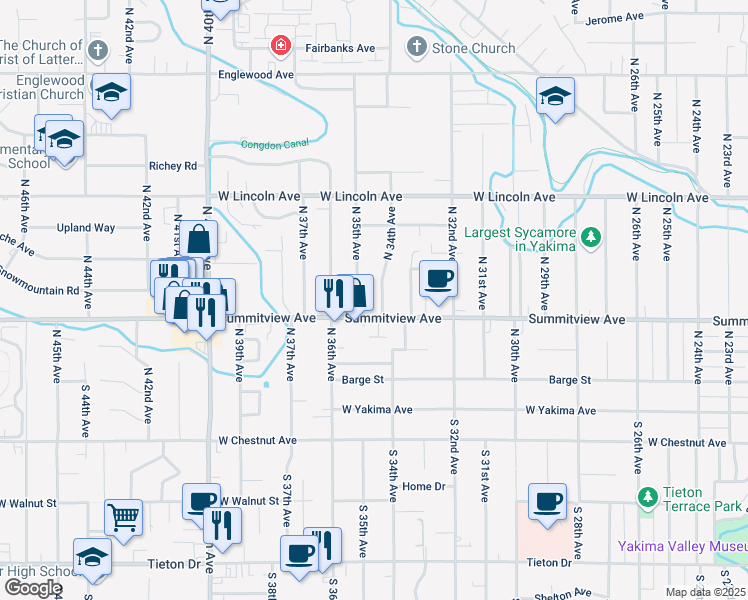 map of restaurants, bars, coffee shops, grocery stores, and more near 208 North 34th Avenue in Yakima