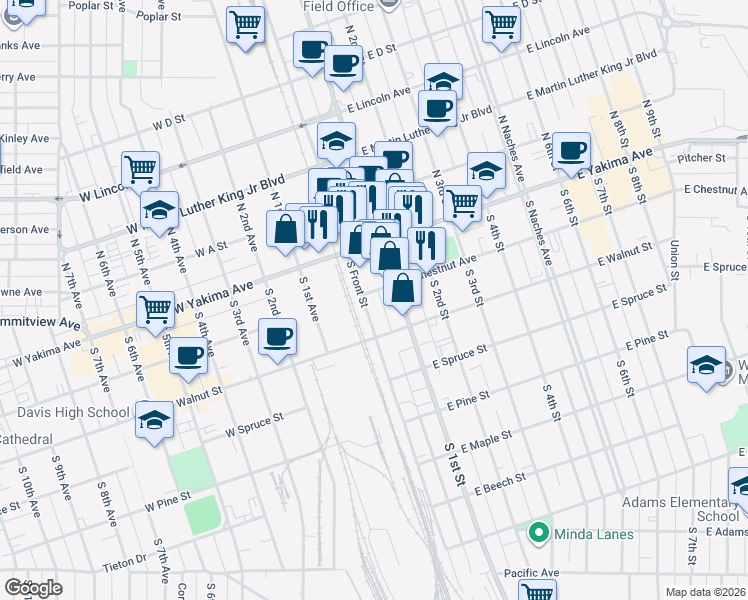 map of restaurants, bars, coffee shops, grocery stores, and more near 102 South Front Street in Yakima