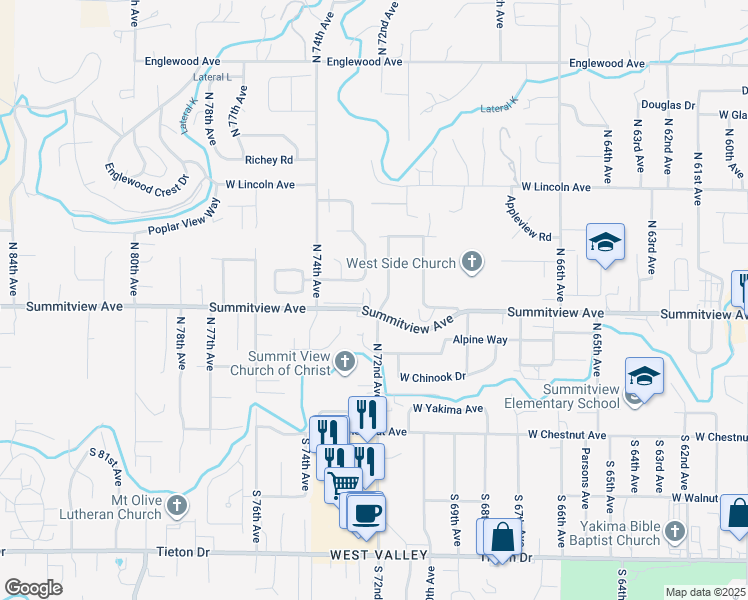 map of restaurants, bars, coffee shops, grocery stores, and more near 7205 Summitview Avenue in Yakima