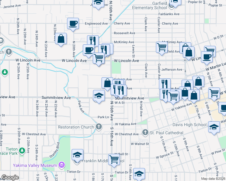 map of restaurants, bars, coffee shops, grocery stores, and more near 1520 Browne Avenue in Yakima