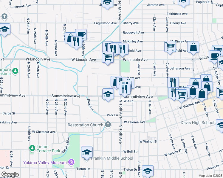 map of restaurants, bars, coffee shops, grocery stores, and more near in Yakima
