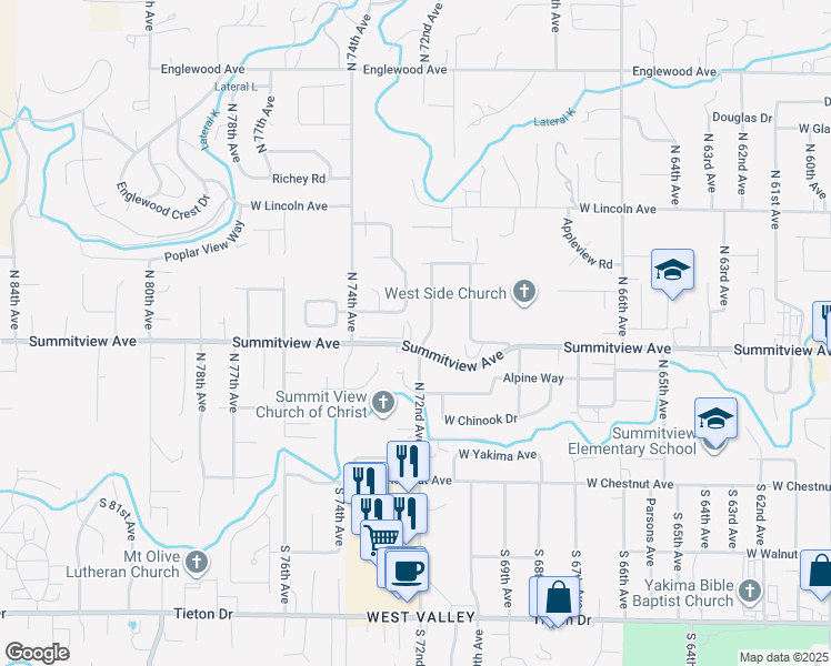 map of restaurants, bars, coffee shops, grocery stores, and more near 7205 Summitview Avenue in Yakima