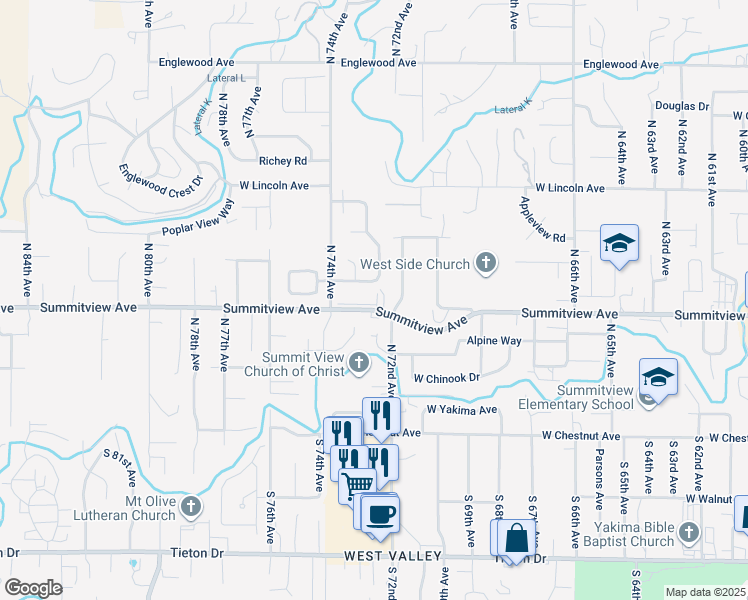 map of restaurants, bars, coffee shops, grocery stores, and more near 7205 Summitview Avenue in Yakima